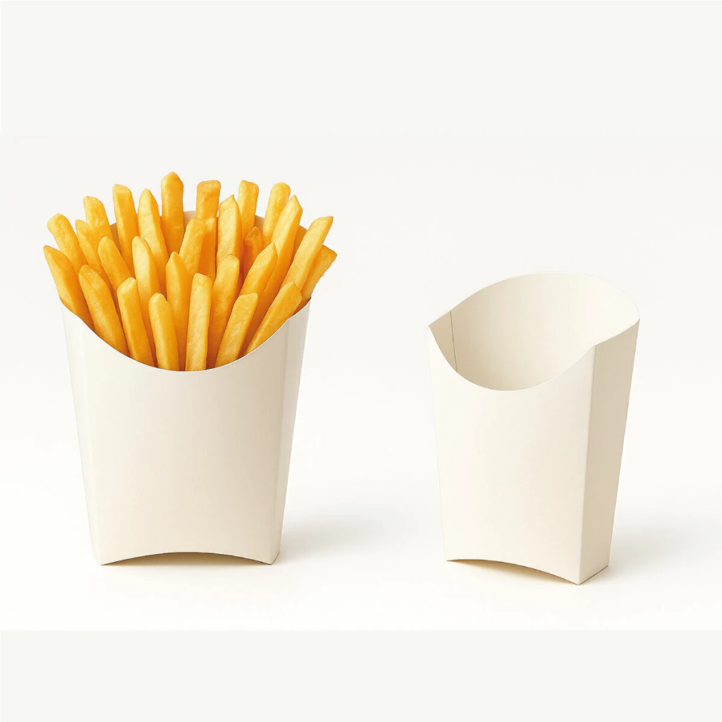 Sobre cono para papas fritas, aros de cebolla y rabas — Blanco de Cartón blanco personalizable con tu logo — Gaia Packaging Argentina