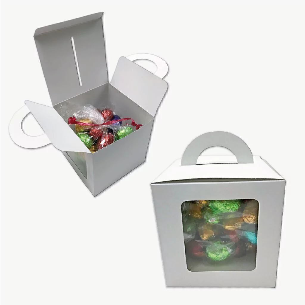 Caja con manija para huevos de Pascua Nº3 y 4 — Blanca de Cartulina blanca con visor de PVC personalizable con tu logo — Gaia Packaging Argentina
