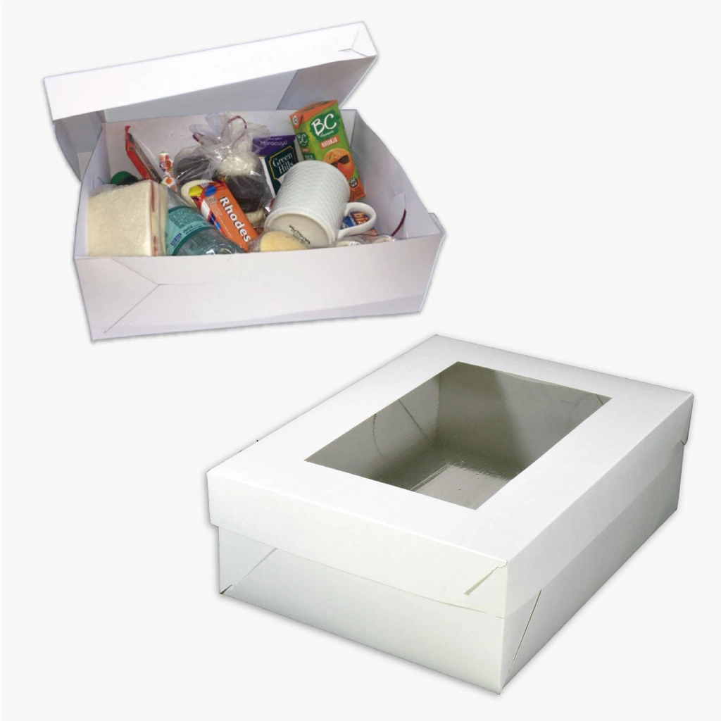 Caja para desayunos, meriendas y regalos — Blanca grande con visor de Cartulina blanca con visor de PVC personalizable con tu logo — Gaia Packaging Argentina