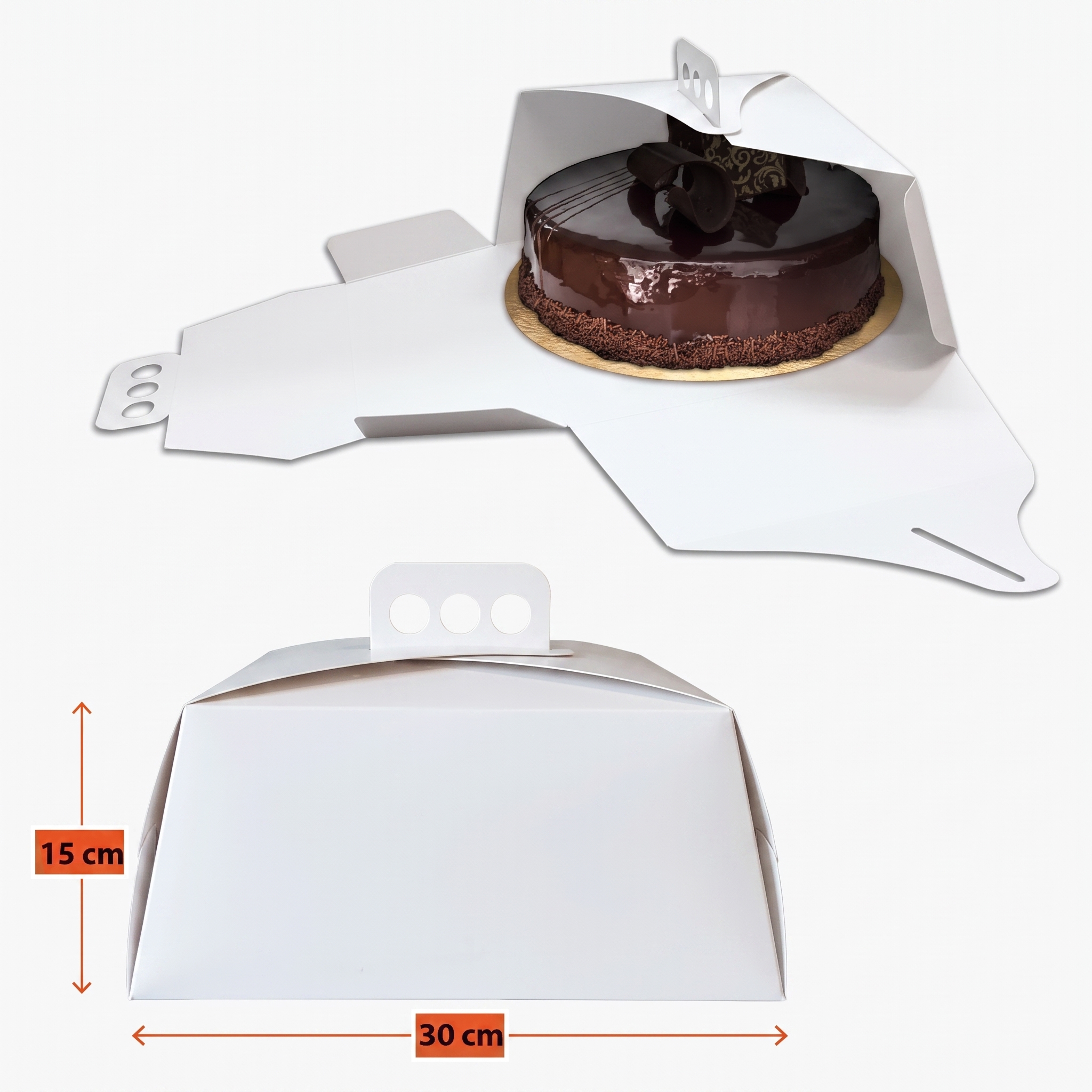 Caja para tortas altas y grandes — Blanca 30x30x14,8 con manija de Cartulina blanca personalizable con tu logo — Gaia Packaging Argentina