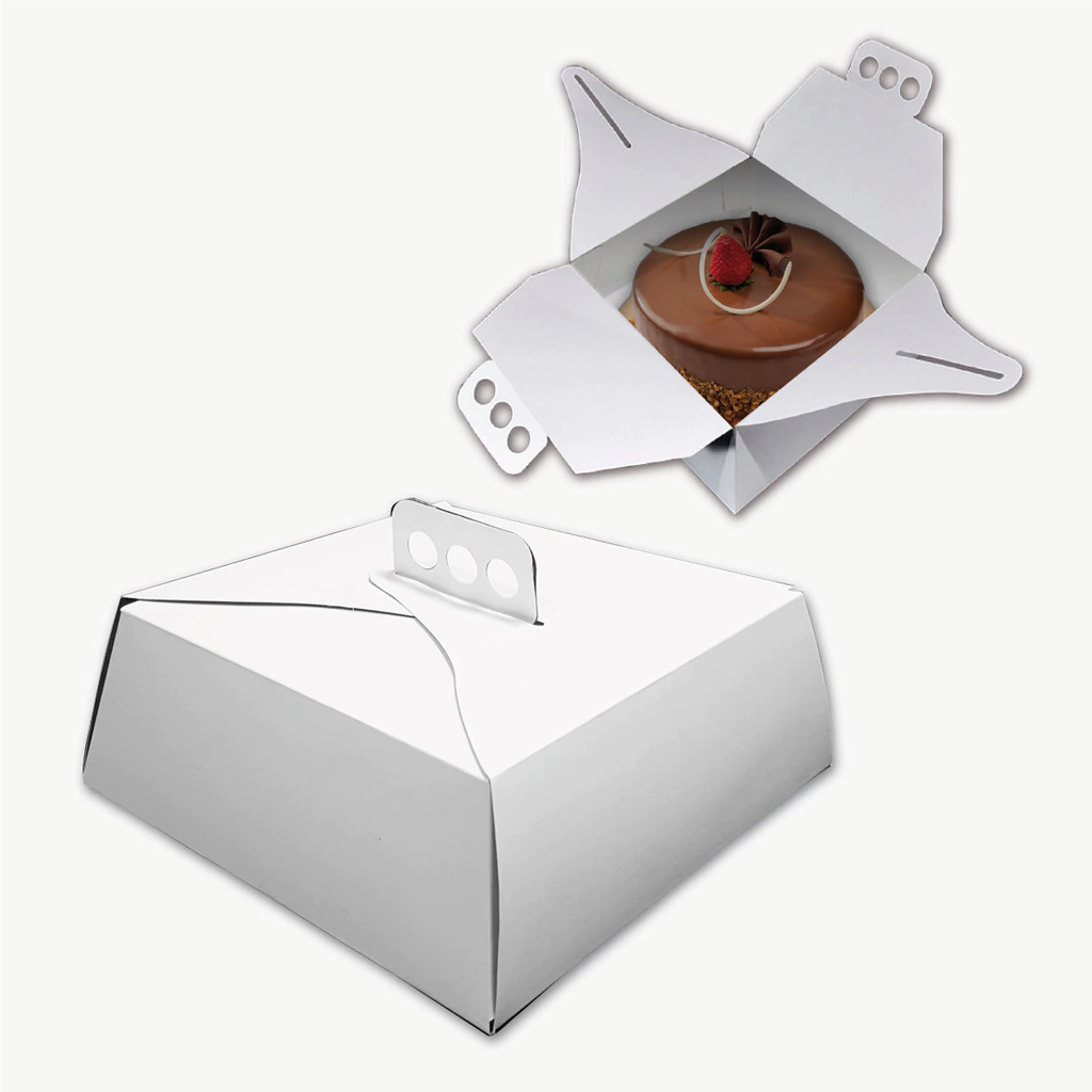 Caja para tortas, tartas y masas — Blanca 27x27x10 de Cartulina blanca personalizable con tu logo — Gaia Packaging Argentina