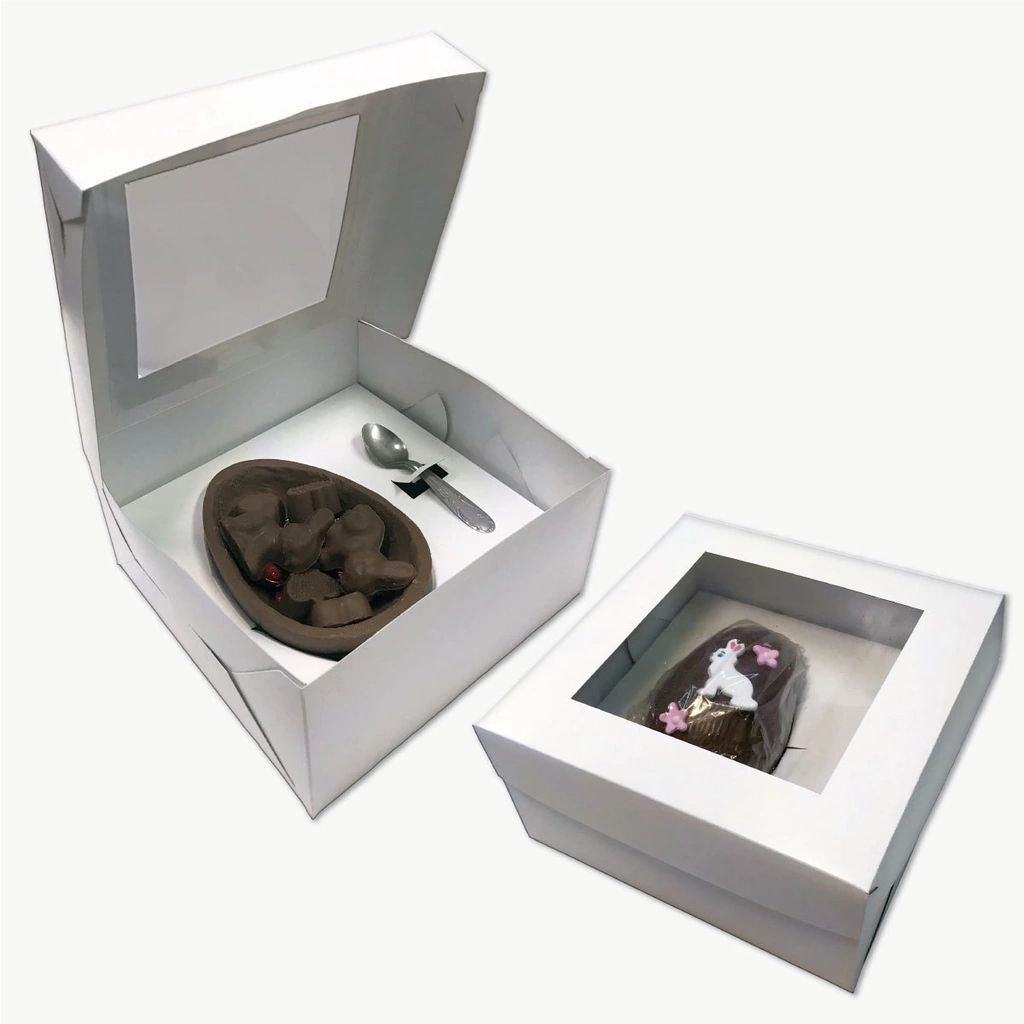 Caja para medio huevo de Pascua Nº12 y 15 — Blanca de Cartulina blanca con visor de PVC personalizable con tu logo — Gaia Packaging Argentina